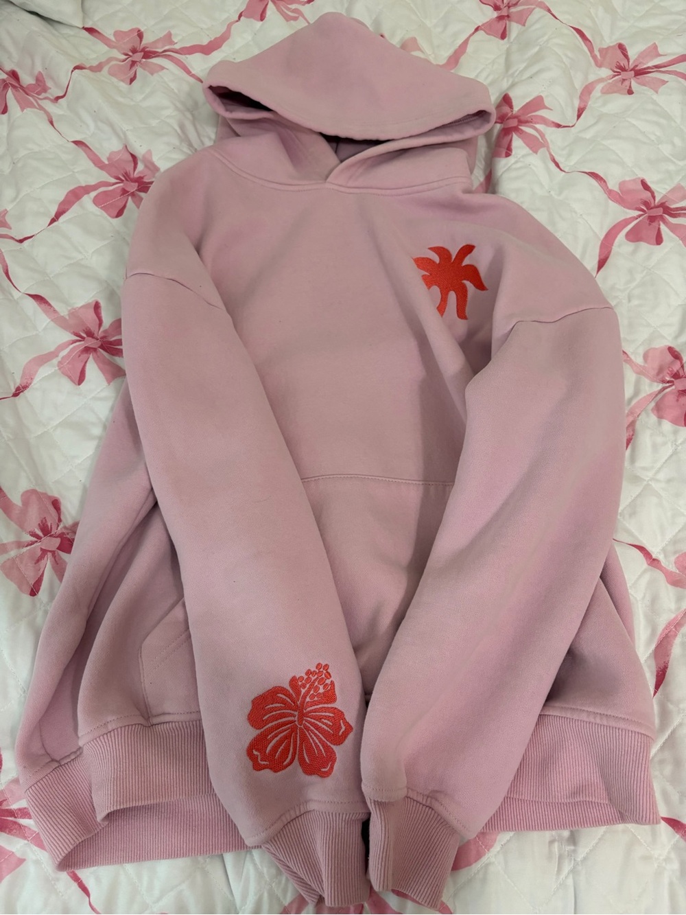 Kids Pink Floral Pullover Hoodie with Hibiscus Accent